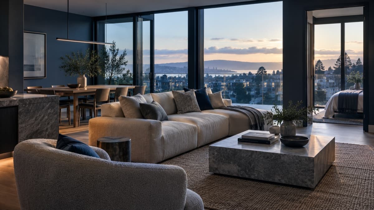 Modern home interior with a city view